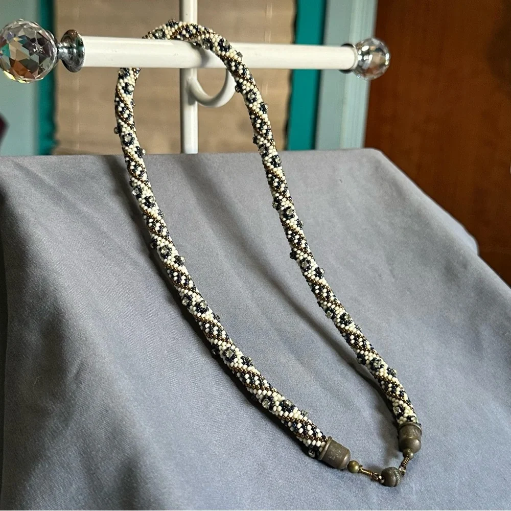 Handmade Beaded Crochet Necklace 21” Cream Blue Bronze Bling Magnetic clasp‎